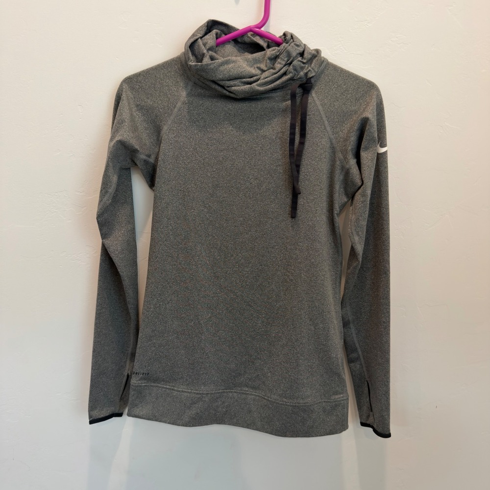 Nike Pro Dri-FIT Womens Gray Funnel Neck Long Sleeve Training Top Thumbholes S